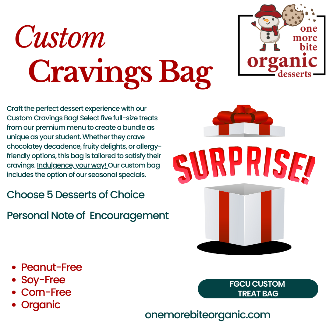 FGCU student care gift package with organic brownies and cookies, delivered to Florida Gulf Coast University in Fort Myers, FL.