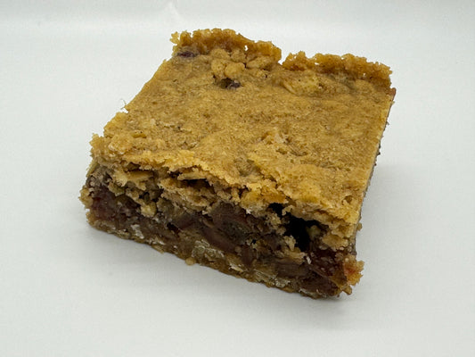 A golden-brown oatmeal bar with visible dates embedded within.