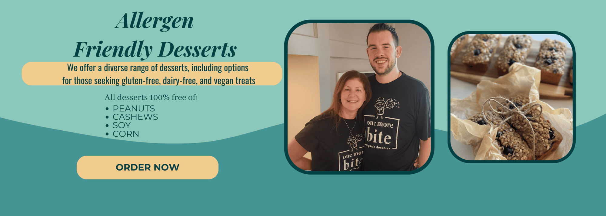 One More Bite Organic Allergen Friendly Desserts free of peanuts, cashews, soy and corn. Photo of owner, Kristi and her son, Austin, who has many anaphylactic allergies. Another photo of oatmeal banana blueberry bread.