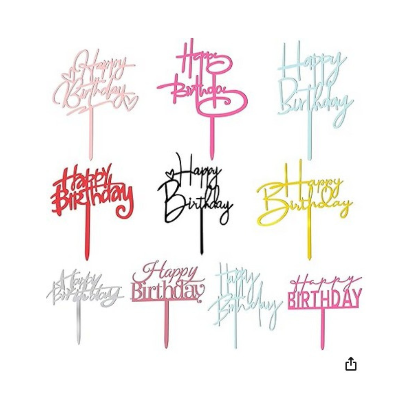 Photo of different color Happy Birthday cake topper picks for celebration birthday cakes.