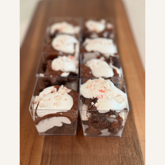 Organic peanut-free party and event platters; individual peppermint marshmallow brownie dessert cups –gluten-free, soy-free, corn-free dessert handmade in Fort Myers, Florida.