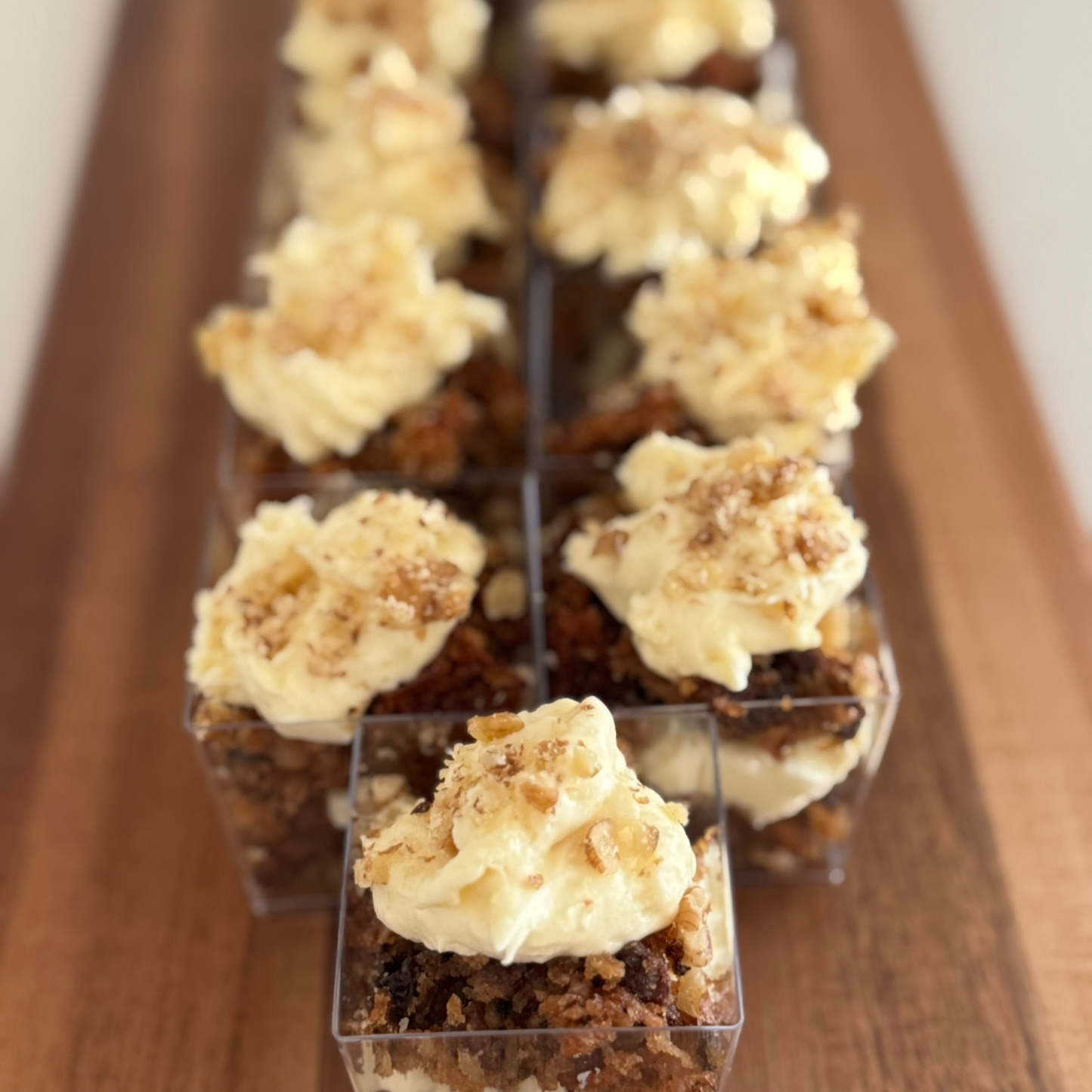 Organic peanut-free party and event platters; individual carrot cake dessert cups; soy-free, corn-free dessert handmade in Fort Myers, Florida.