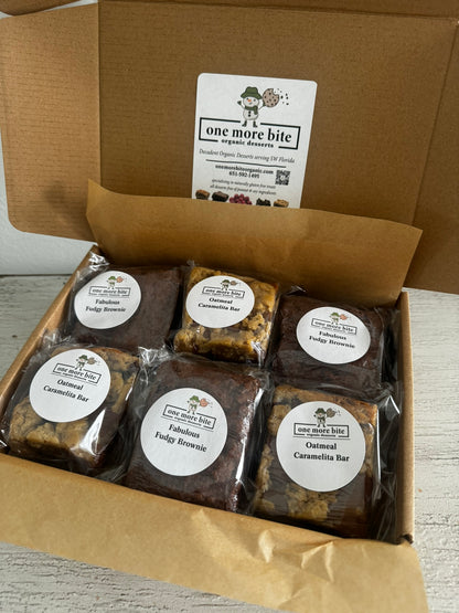 One More Bite Organic Desserts Celebration Bite Box that includes Fabulous Fudgy Brownies and Oatmeal Caramelita Bars.