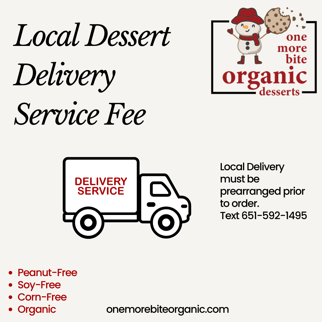 One More Bite Organic dessert delivery service flyer with truck icon and contact information.