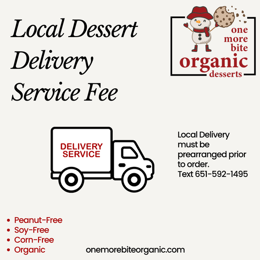 One More Bite Organic dessert delivery service flyer with truck icon and contact information.