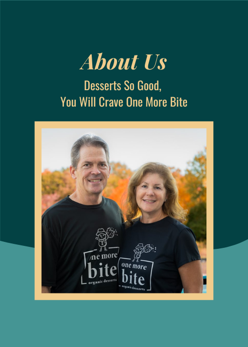 One More Bite About Us Page with a photo of owner Kristi and husband Kevin and photo of turtle brownie