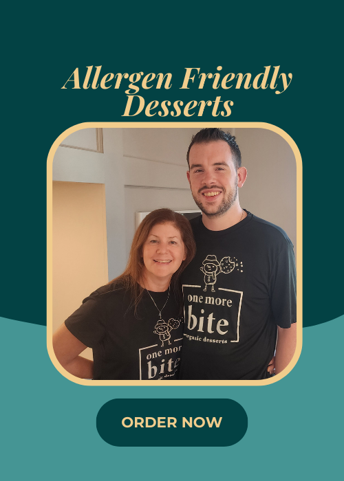 Allergen friendly desserts; peanut-free, soy-free, corn-free with photo of Kristi and son Austin 