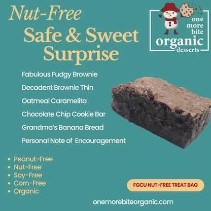 FGCU student care gift package with peanut-free, nut-free organic brownies, cookie bars and treats, delivered to Florida Gulf Coast University in Fort Myers, FL.