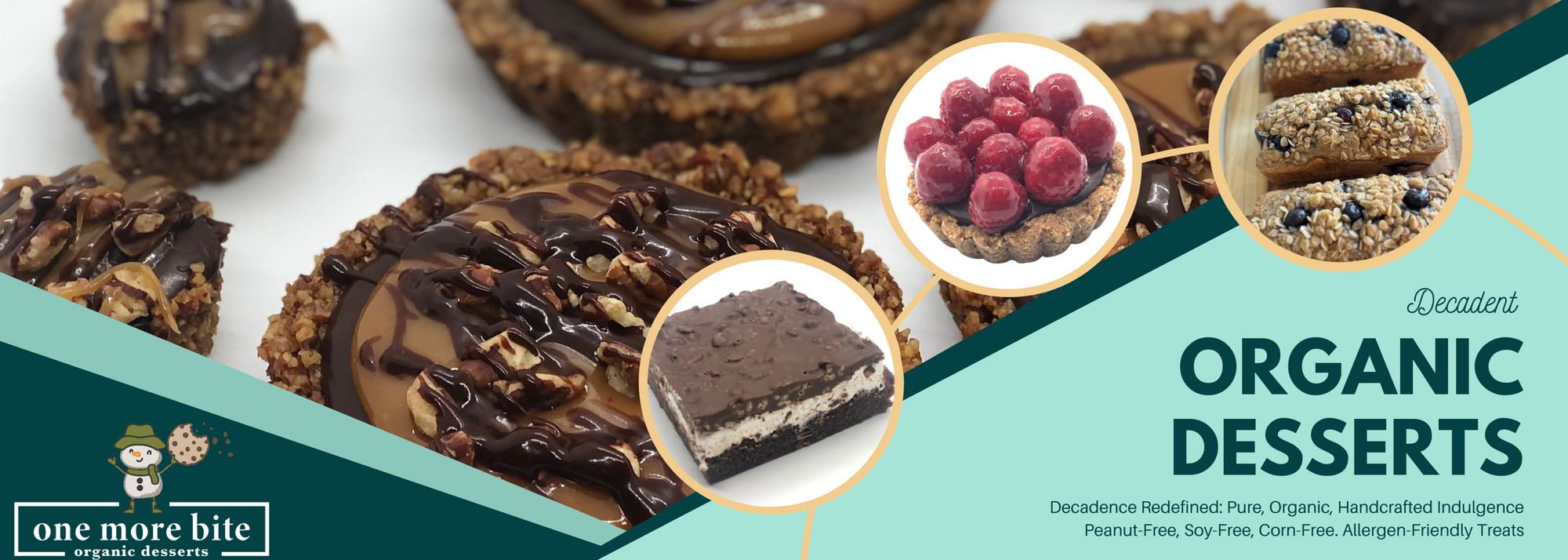One More Bite Organic Home Banner with photos of desserts
