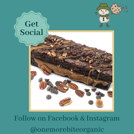 Photo of Social Media links @onemorebiteorganic with photo of Big Bite turtle pecan brownie