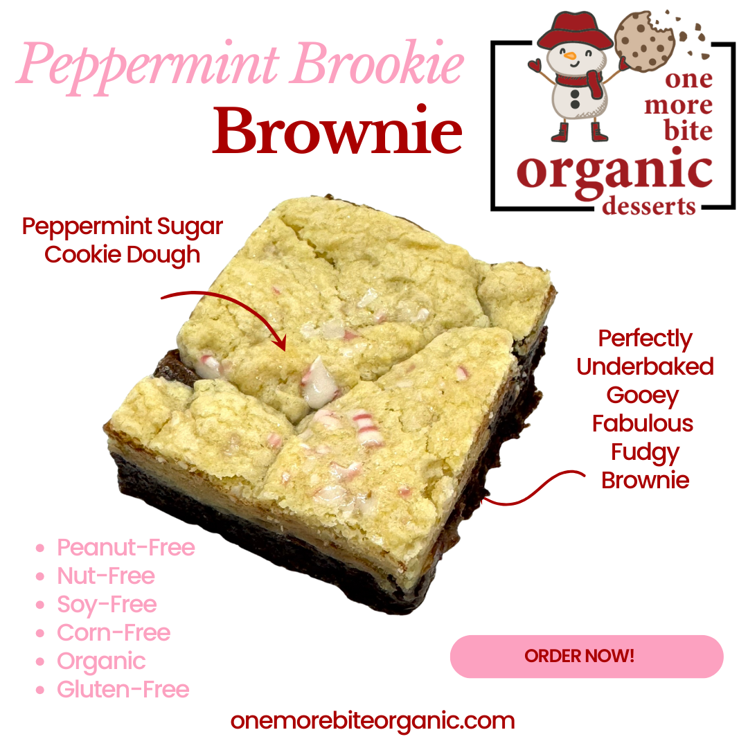 Photo of organic peanut-free Peppermint Brookie Brownie– soy-free, corn-free gluten-free dessert handmade in Fort Myers, Florida.