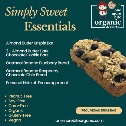 FGCU student care gift package with peanut-free, vegan, gluten-free organic brownies, cookie bars and treats, delivered to Florida Gulf Coast University in Fort Myers, FL.