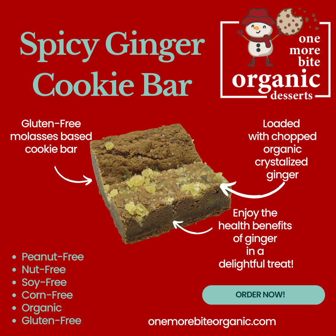 Photo of organic peanut-free and gluten-free spicy ginger cookie bars with crystalized ginger on top – soy-free, corn-free gluten-free dessert handmade in Fort Myers, Florida.