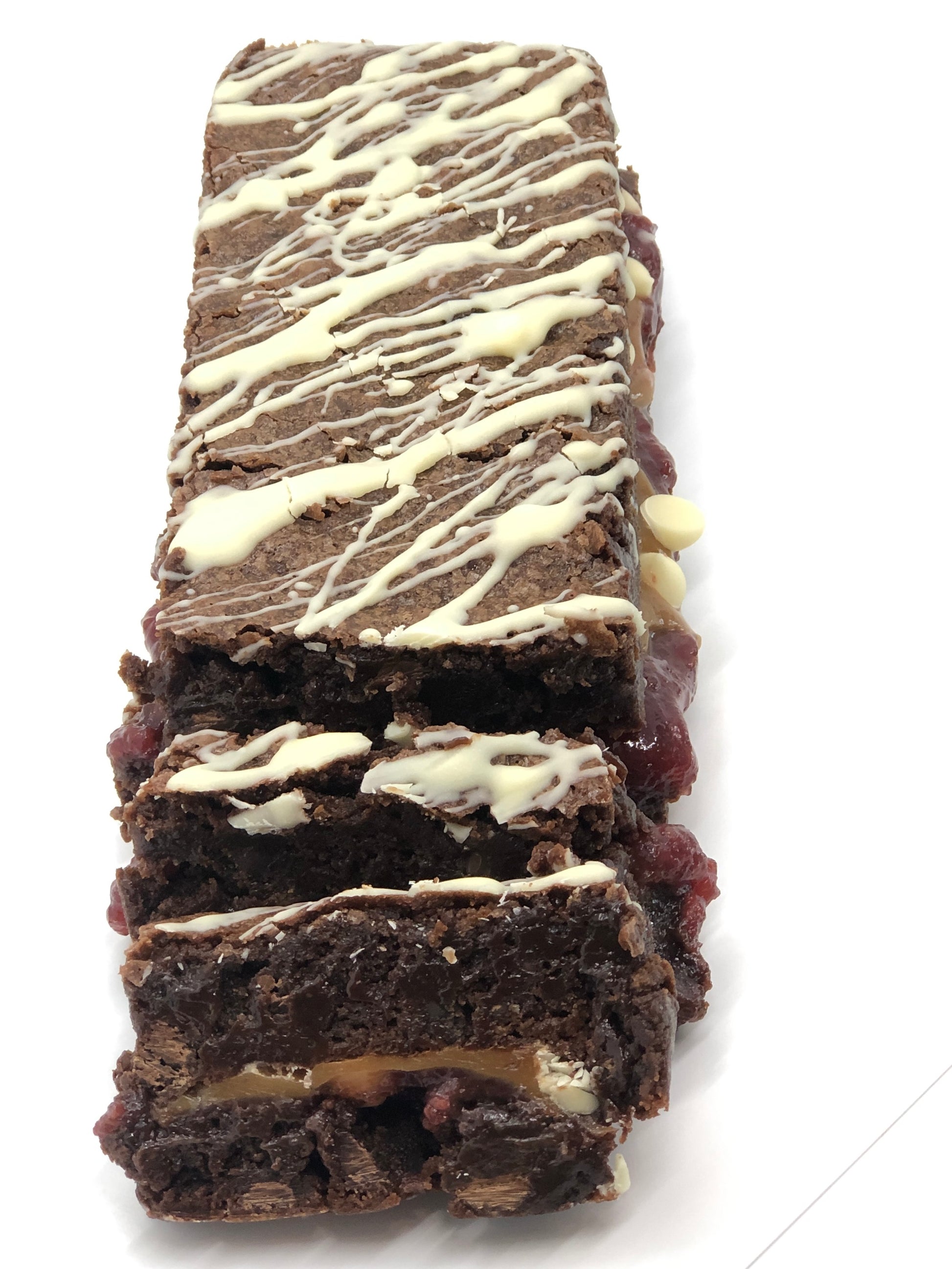 Big Bite Raspberry White Chocolate Brownie Stack sliced