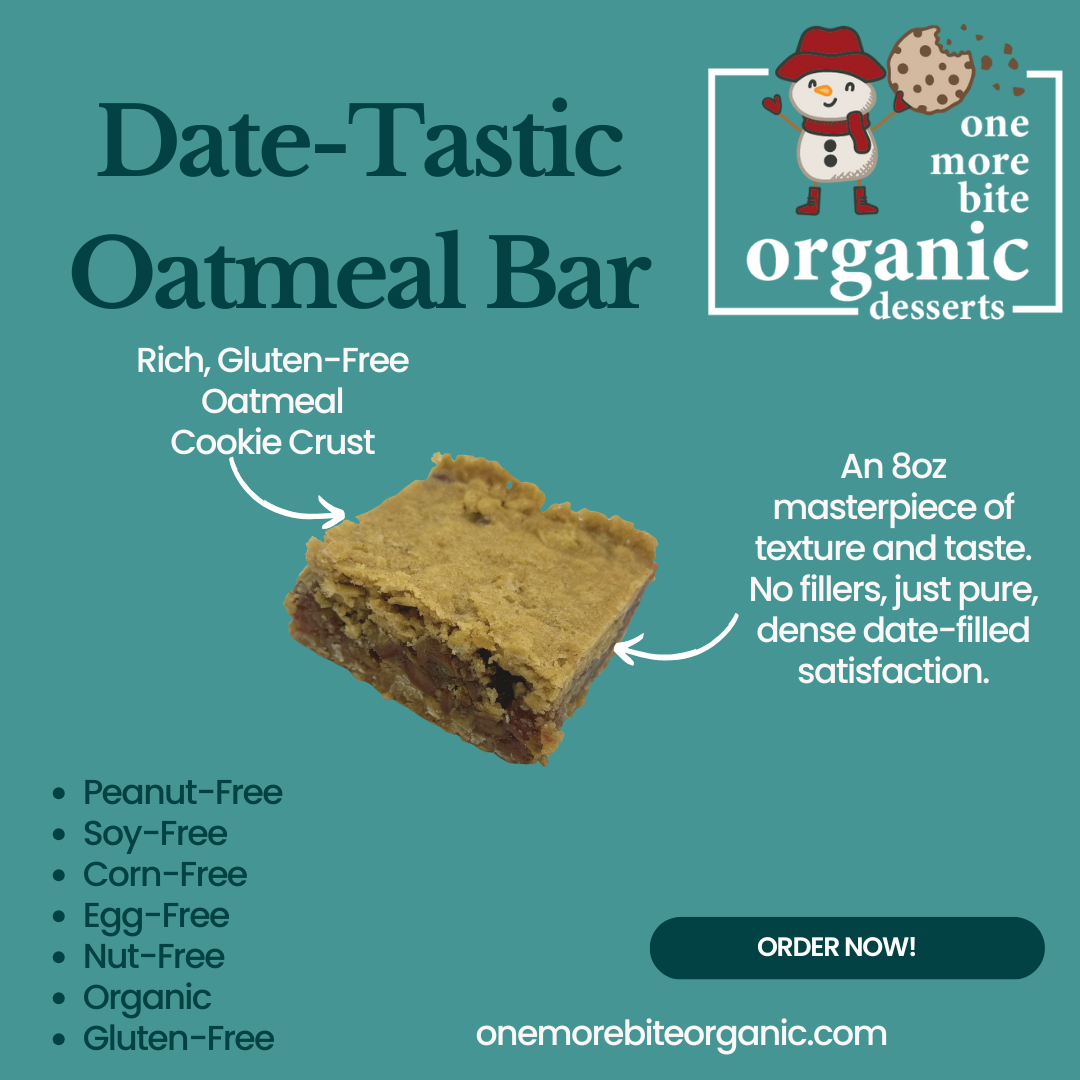 Photo of organic, peanut-free, gluten-free, nut-free date oatmeal bar – soy-free, corn-free dessert handmade in Fort Myers, Florida.
