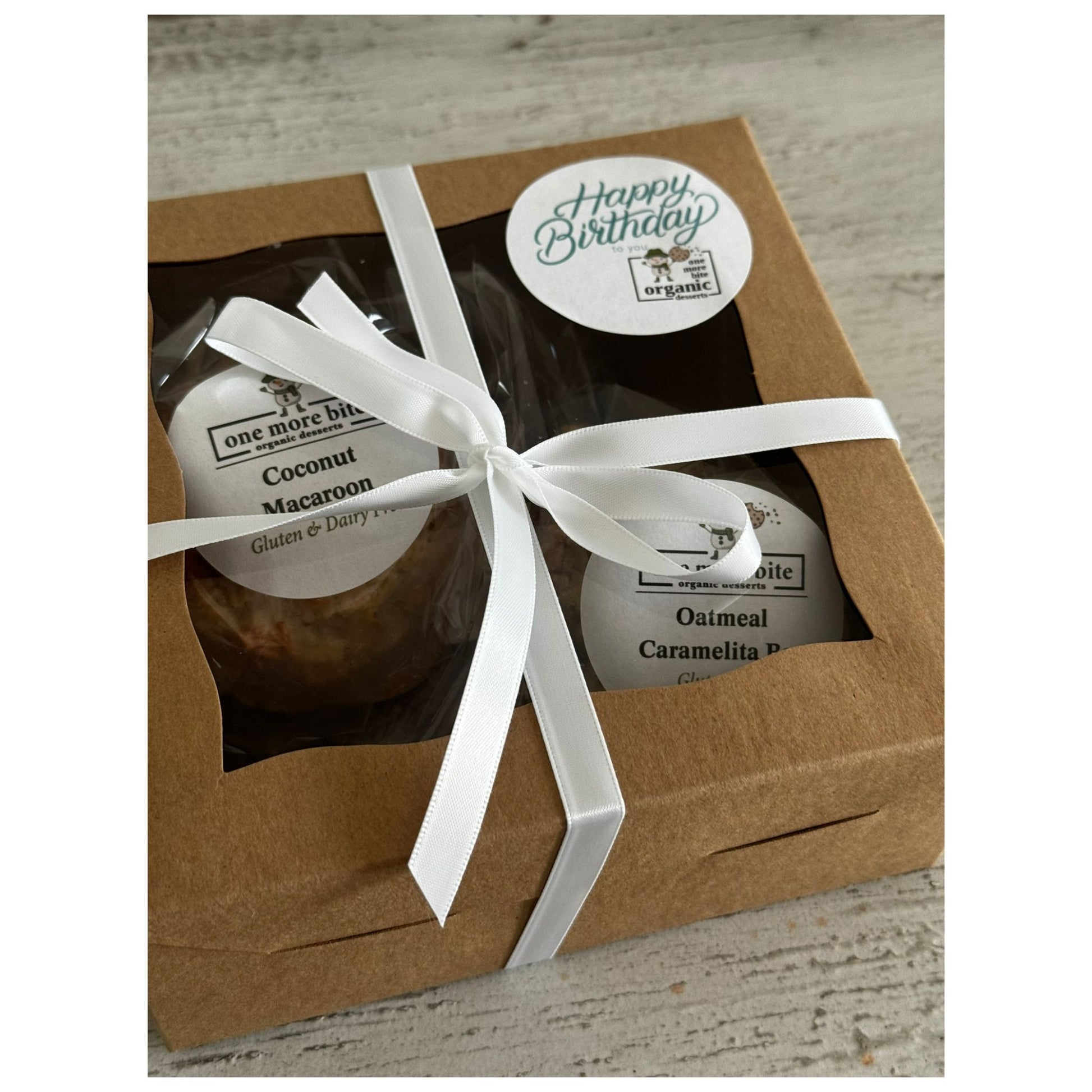 Organic peanut-free birthday gift box with 3 gluten-free dessert treat bars – soy-free, corn-free dessert handmade in Fort Myers, Florida.