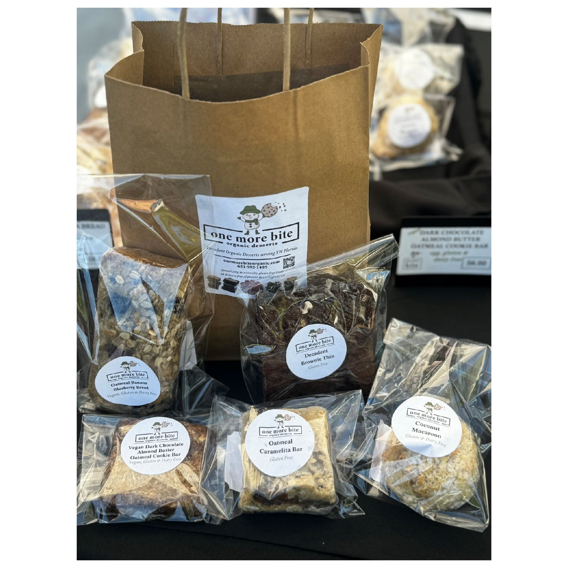 Organic peanut-free, gluten-free gift bag with 5 dessert treat bars – soy-free, corn-free dessert handmade in Fort Myers, Florida.
