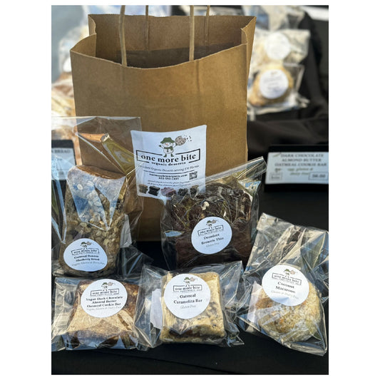 Organic peanut-free, gluten-free gift bag with 5 dessert treat bars – soy-free, corn-free dessert handmade in Fort Myers, Florida.