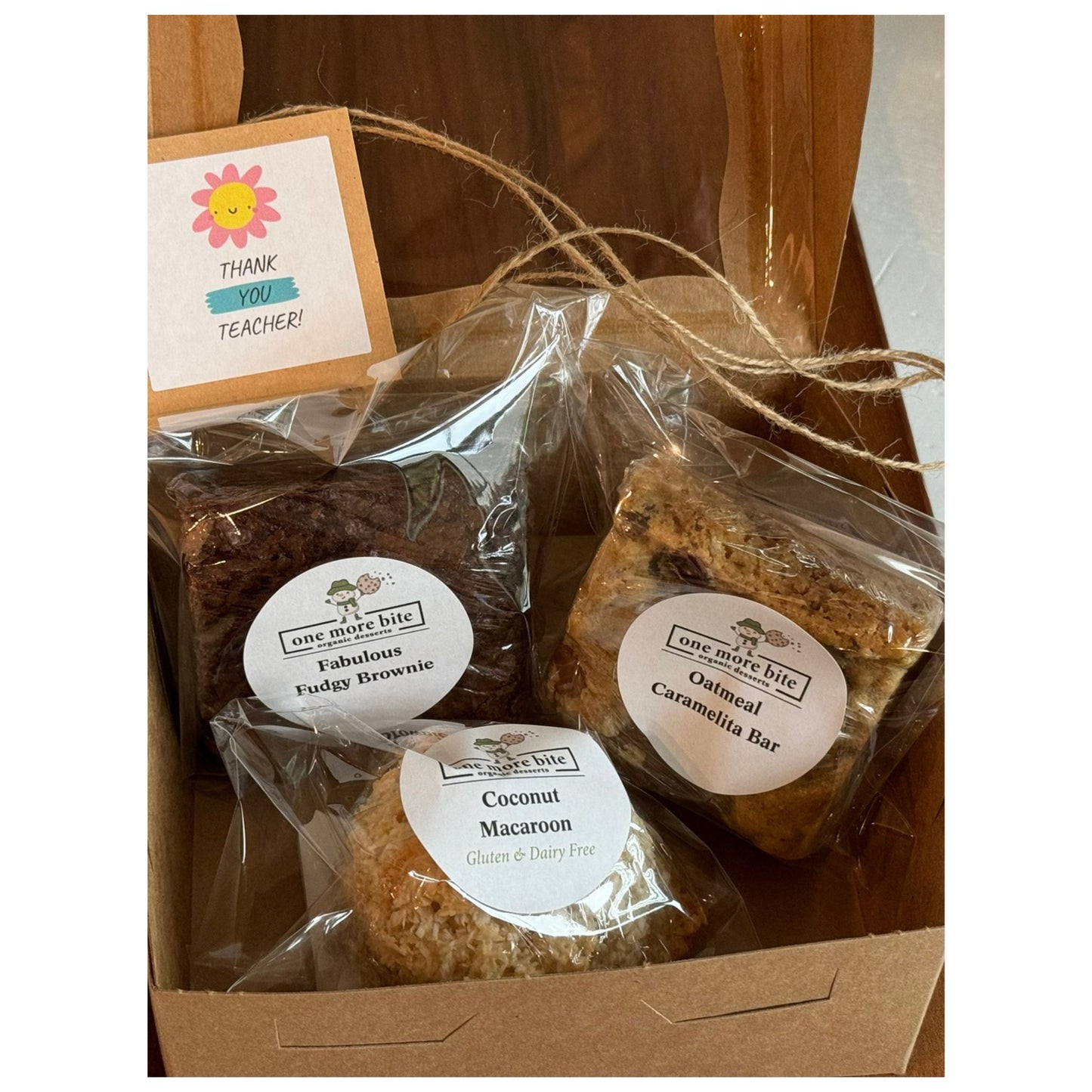Organic peanut-free thank you gift box with 3 dessert treat bars – soy-free, corn-free dessert handmade in Fort Myers, Florida.