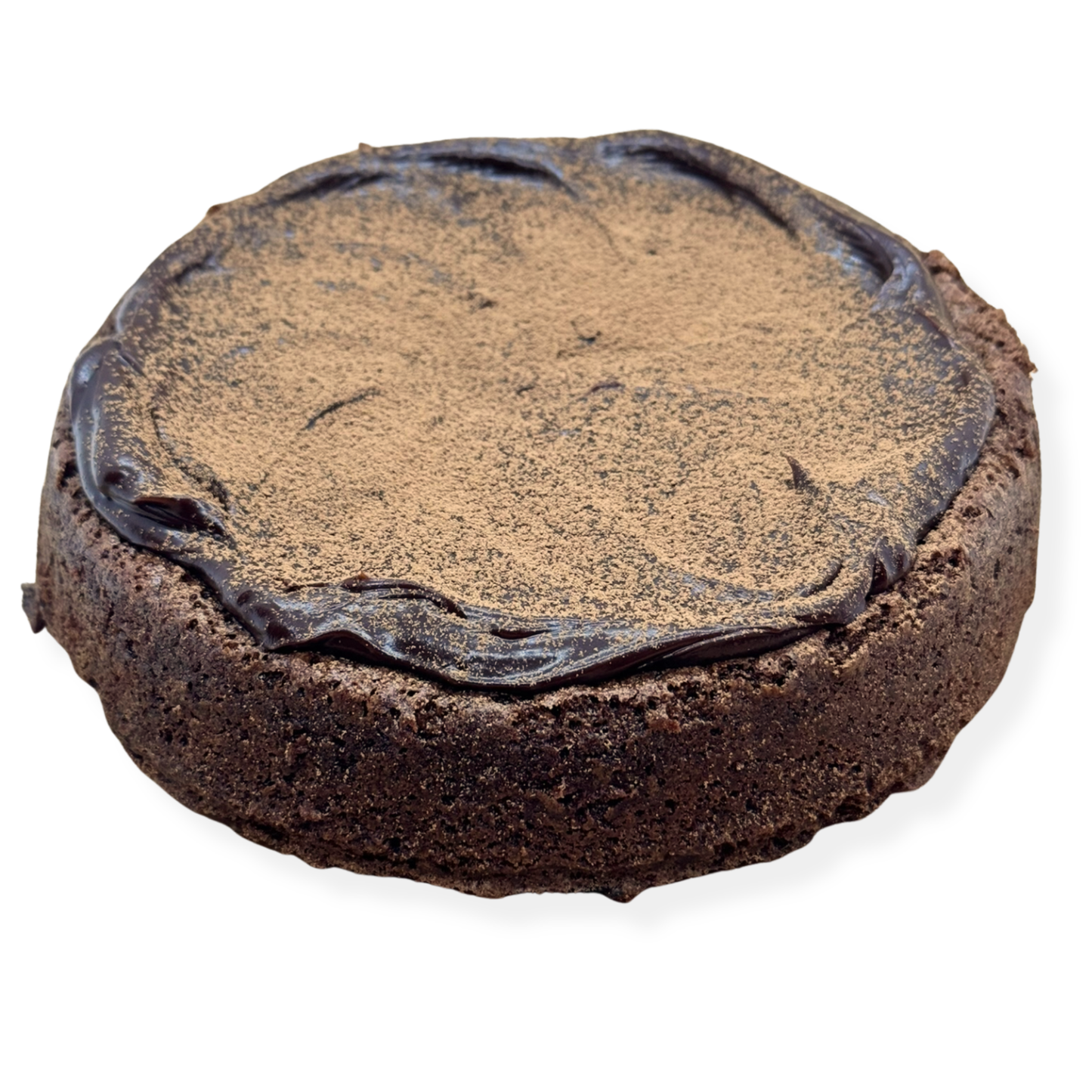 Photo of organic peanut-free chocolate flourless cake with ganache and dusted cooca powder – soy-free, corn-free gluten-free dessert handmade in Fort Myers, Florida.
