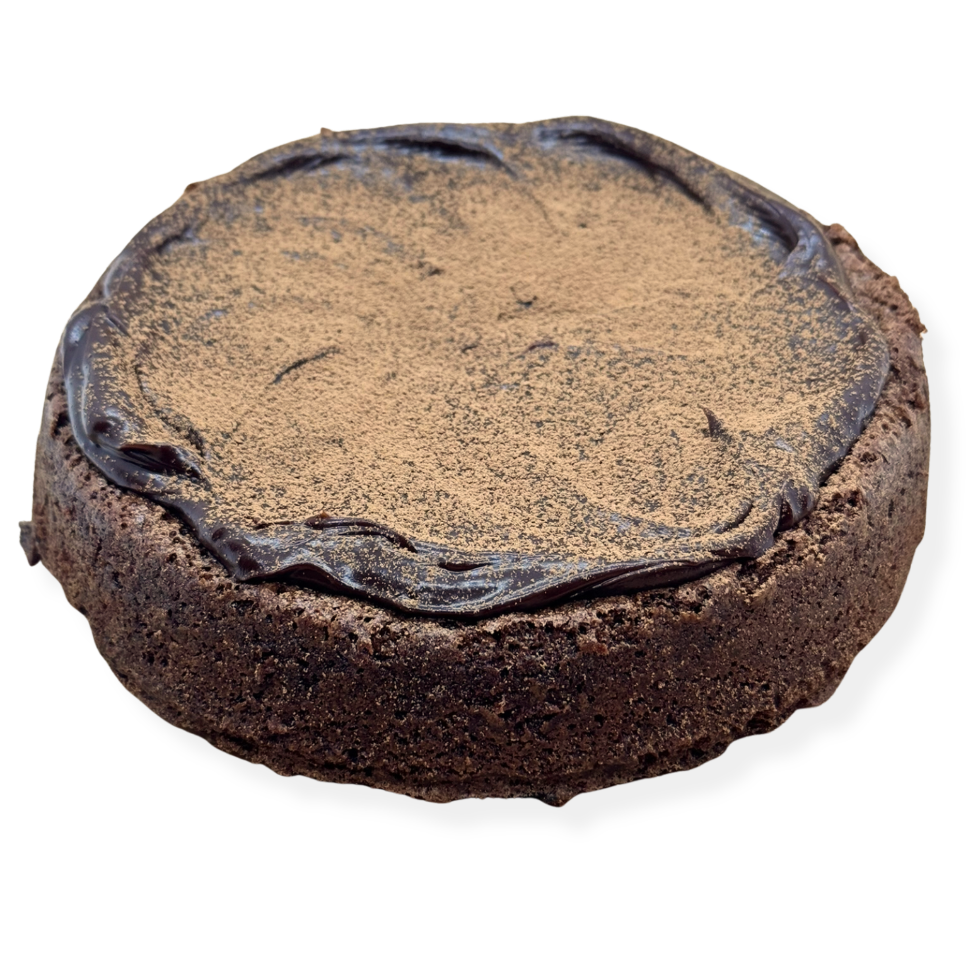 Photo of organic peanut-free chocolate flourless cake with ganache and dusted cooca powder – soy-free, corn-free gluten-free dessert handmade in Fort Myers, Florida.