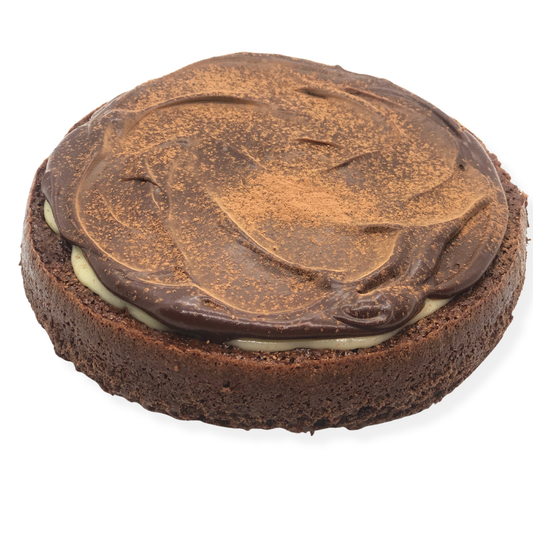 Photo of organic peanut-free chocolate flourless cake with ganache – soy-free, corn-free gluten-free dessert handmade in Fort Myers, Florida.