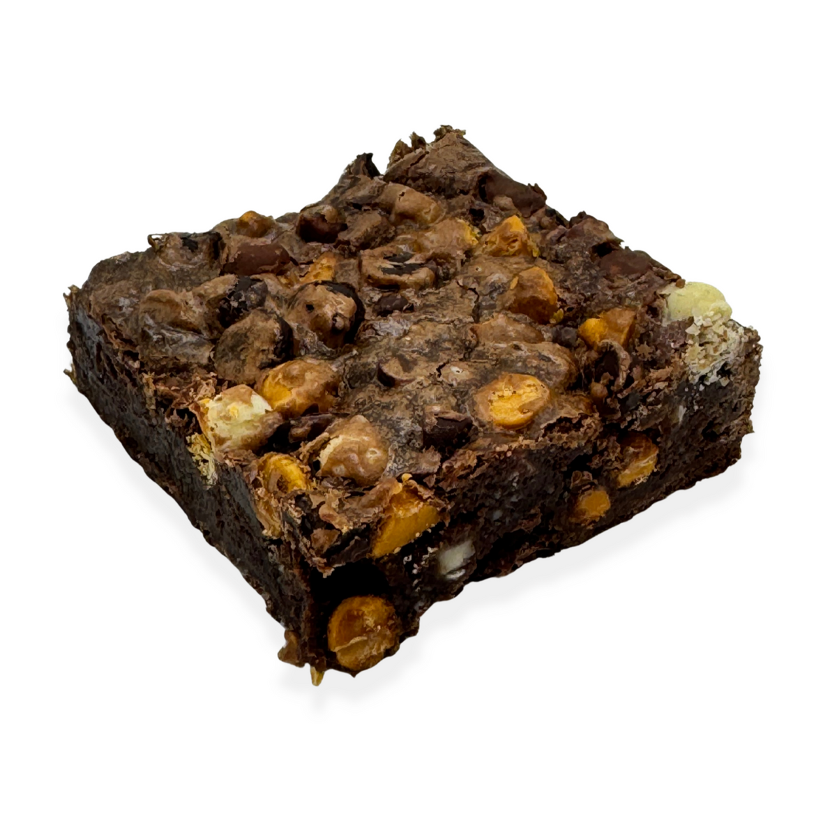 A single gluten-free brownie with butterscotch, white,  milk, dark and semi-sweet chocolate chips on a white background.