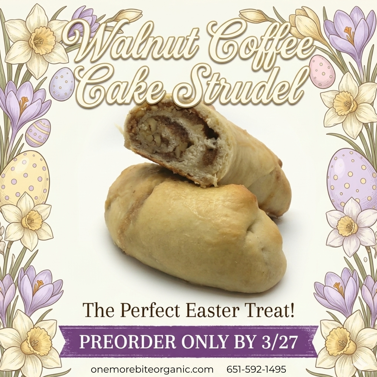 Walnut coffee cake strudel with Easter-themed decorations on a white background