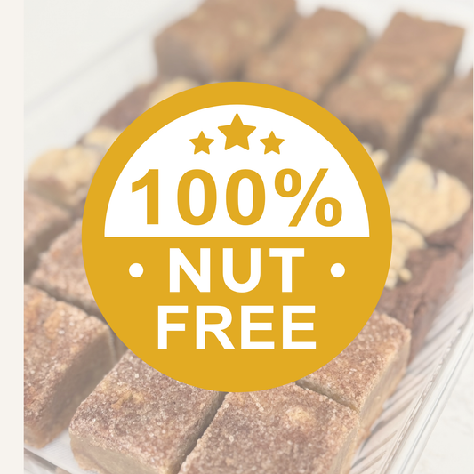 Organic peanut-free party and event platters; 100% nut-free graphic over a platters of dessert bites; soy-free, corn-free dessert handmade in Fort Myers, Florida.