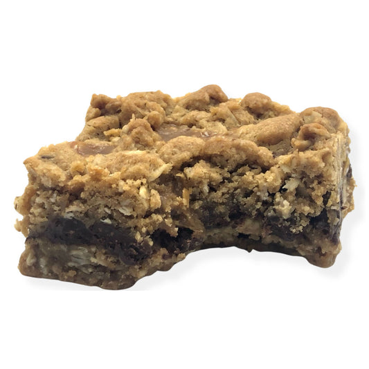 Organic peanut-free oatmeal caramelita bar–gluten-free, egg-free, soy-free, corn-free dessert handmade in Fort Myers, Florida.