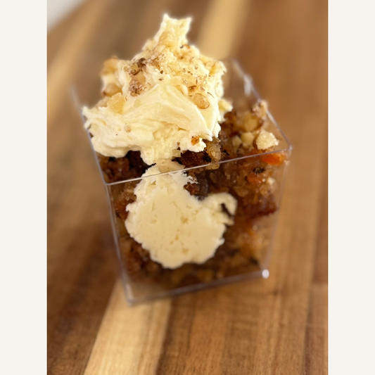 Organic peanut-free party and event platters; individual carrot cake dessert cups; soy-free, corn-free dessert handmade in Fort Myers, Florida.