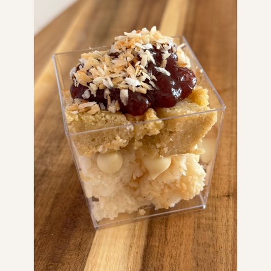 Organic peanut-free party and event platters; individual coconut lemon raspberry dessert cups –gluten-free, soy-free, corn-free dessert handmade in Fort Myers, Florida.
