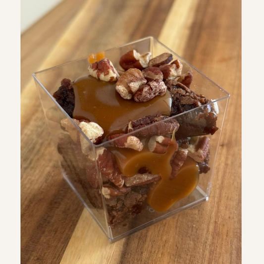 Organic peanut-free party and event platters; individual turtle pecan brownie dessert cups –gluten-free, soy-free, corn-free dessert handmade in Fort Myers, Florida.