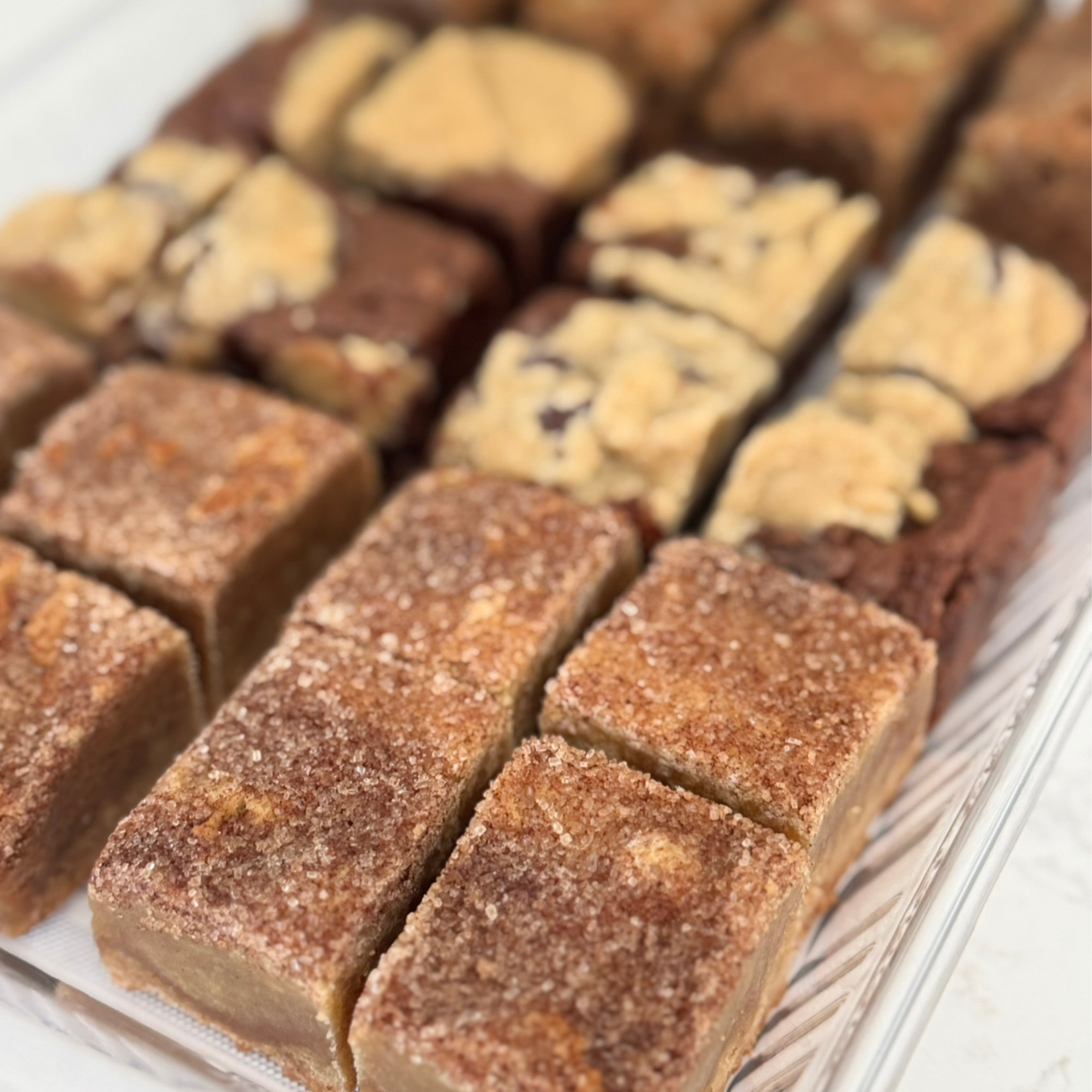 Organic peanut-free party and event platters; custom platter of snickerdoodle caramel blondies, brookie brownies, and spicy ginger cookie bars –gluten-free, soy-free, corn-free dessert handmade in Fort Myers, Florida.