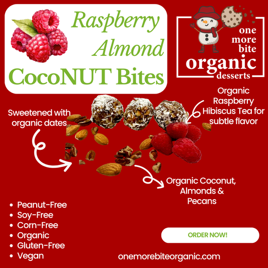 Photo of organic, vegan and peanut-free Raspberry Almond Bites– soy-free, corn-free gluten-free, refined sugar-free dessert handmade in Fort Myers, Florida.
