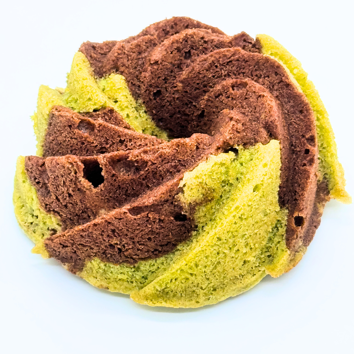 Photo of organic peanut-free swirled chocolate, Matcha pound cake bundt– soy-free, corn-free dessert handmade in Fort Myers, Florida.
