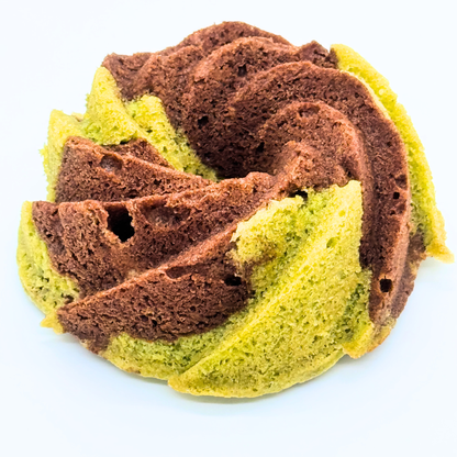 Photo of organic peanut-free swirled chocolate, Matcha pound cake bundt– soy-free, corn-free dessert handmade in Fort Myers, Florida.