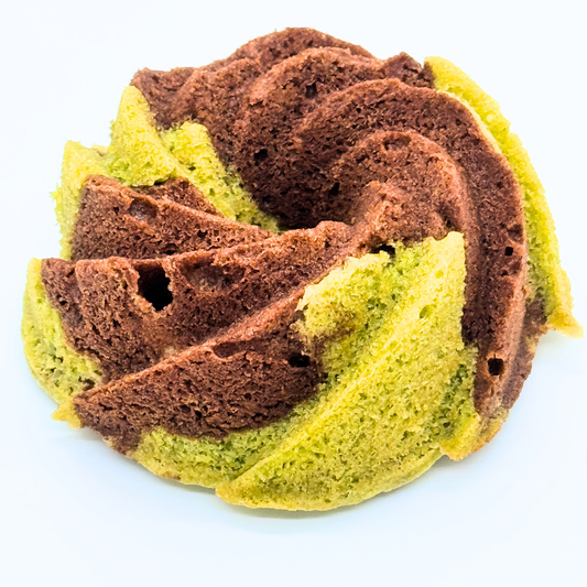 Photo of organic peanut-free swirled chocolate, Matcha pound cake bundt– soy-free, corn-free dessert handmade in Fort Myers, Florida.