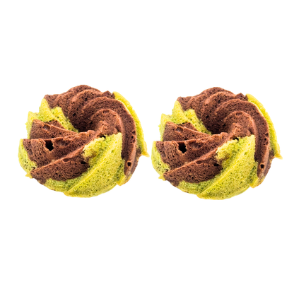 Photo of two organic peanut-free swirled chocolate, Matcha pound cake bundts – soy-free, corn-free dessert handmade in Fort Myers, Florida.