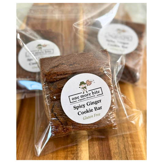 Photo of wrapped organic peanut-free Spicy Ginger Cookie Bar – soy-free, corn-free gluten-free dessert handmade in Fort Myers, Florida.