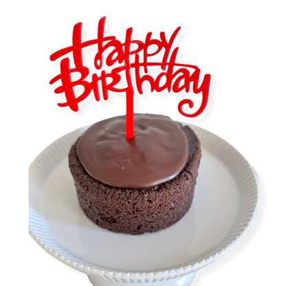 Photo of organic, peanut-free, nut-free, dairy-free, vegan chocolate cake with coconut chocolate ganache – soy-free, corn-free happy birthday celebration dessert handmade in Fort Myers, Florida.