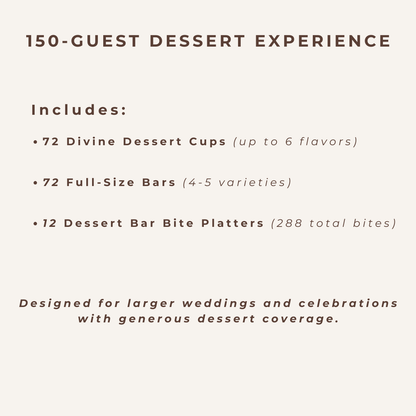 150-guest wedding dessert experience including dessert cups, full-size dessert bars, and bar bite platters, designed for larger weddings with generous dessert coverage.