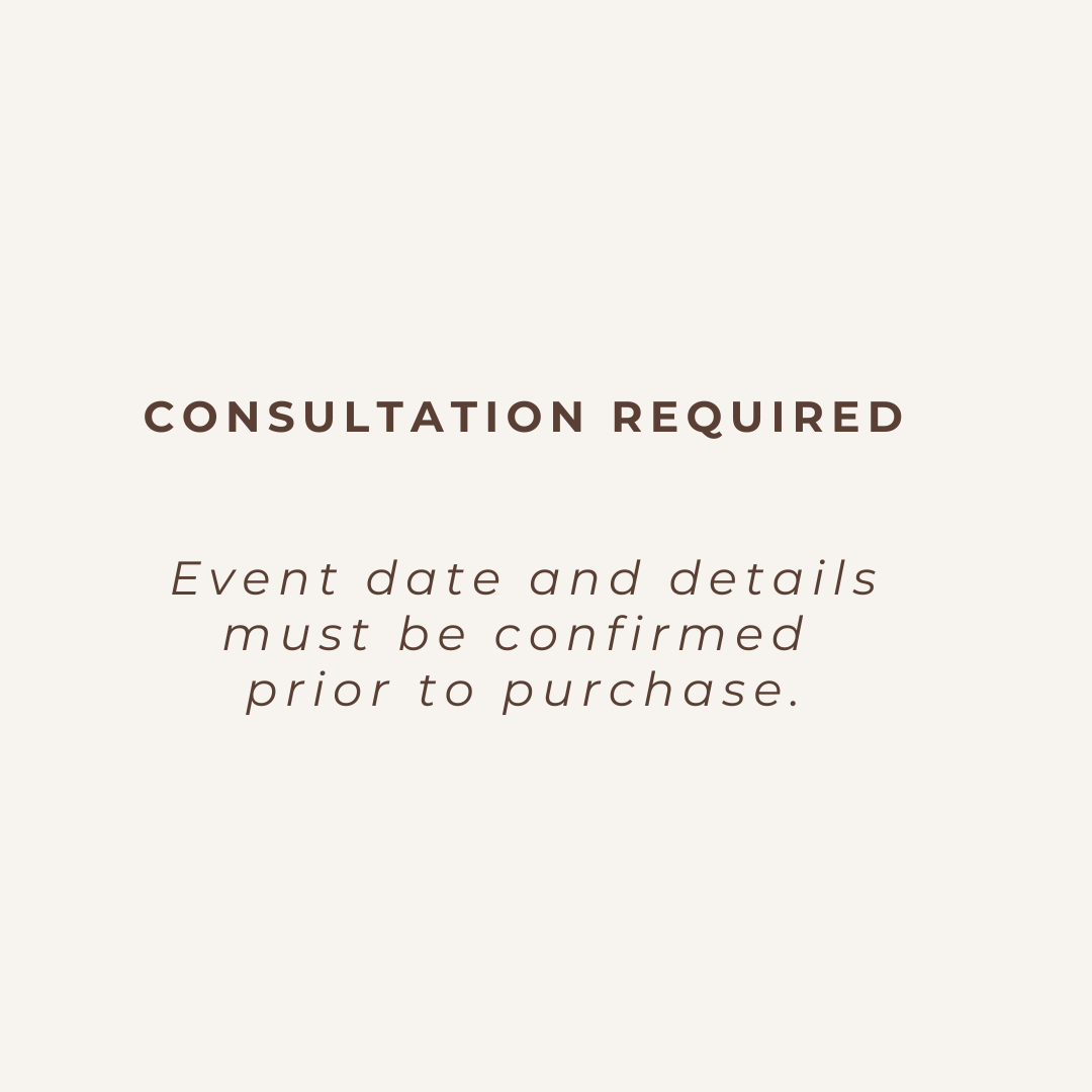 Consultation required notice indicating that event date and details must be confirmed before purchasing a wedding dessert experience package.