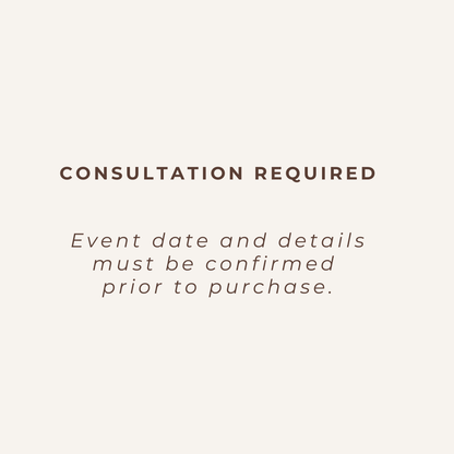 Consultation required notice indicating that event date and details must be confirmed before purchasing a wedding dessert experience package.