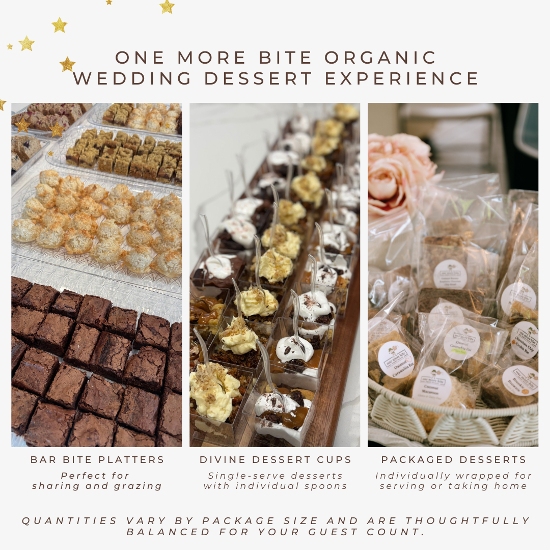 Wedding dessert experience overview showing bar bite platters, individual dessert cups with spoons, and packaged full-size dessert bars.