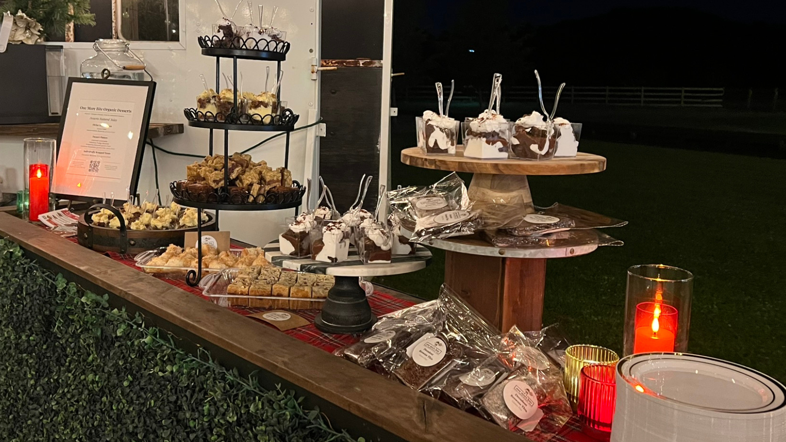 Elegant organic wedding dessert display with individually wrapped, peanut-free and allergen-friendly desserts at an outdoor Southwest Florida venue
