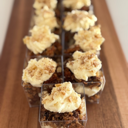 Organic peanut-free party and event platters; individual carrot cake dessert cups; soy-free, corn-free dessert handmade in Fort Myers, Florida.