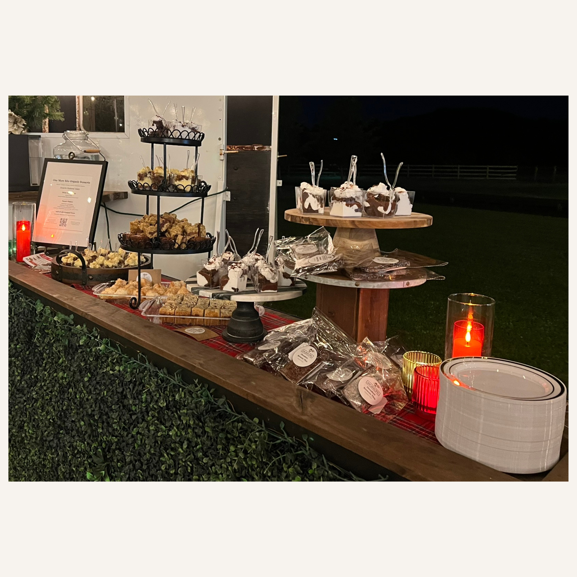 Elegant organic wedding dessert display with individually wrapped, peanut-free and allergen-friendly desserts at an outdoor Southwest Florida venue