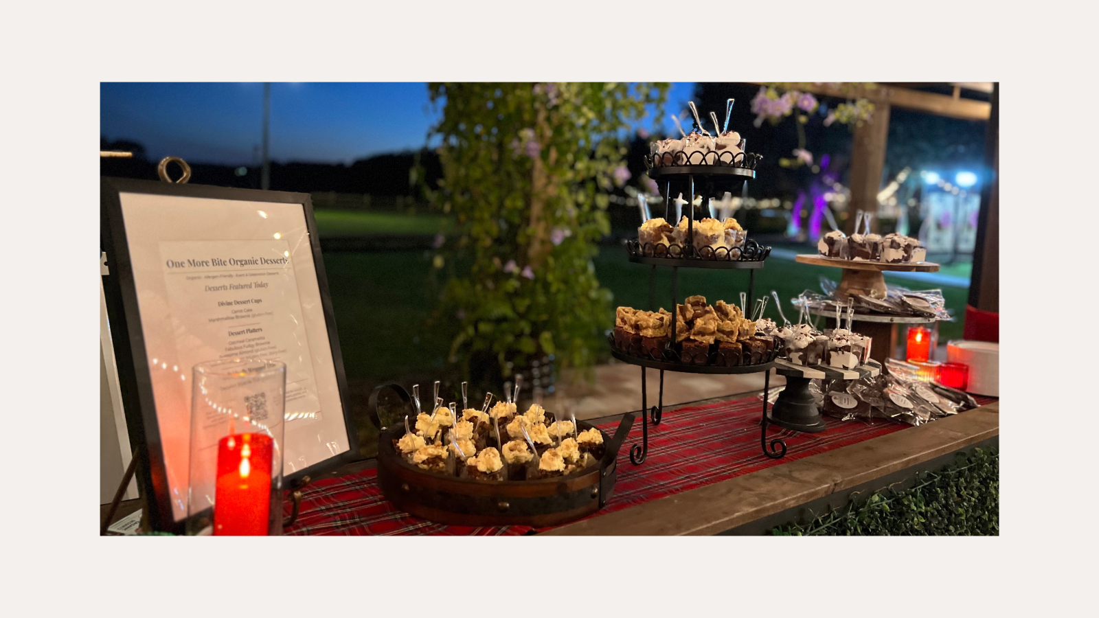 Elegant organic wedding dessert display with individually wrapped, peanut-free and allergen-friendly desserts at an outdoor Southwest Florida venue